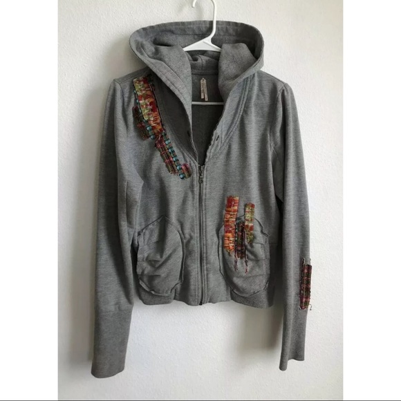 Free People Sweaters - Free People Gray Multi Colored Patched Zip Hoodie